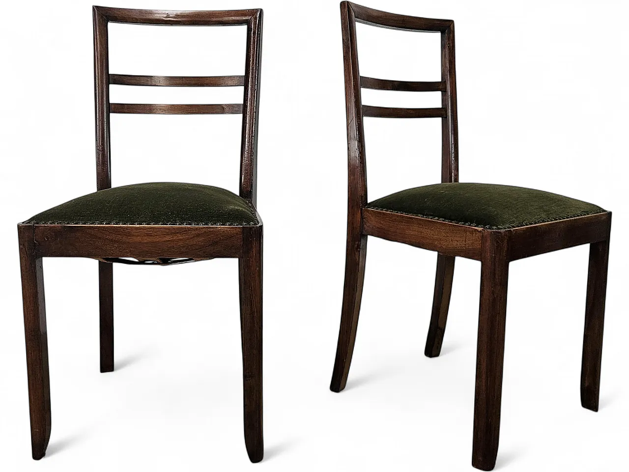 6 Art Deco dining room chairs in walnut and fabric, 40s 14