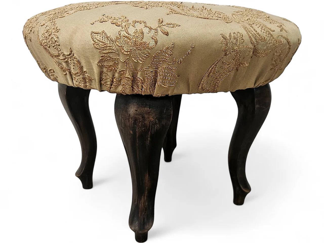 Walnut pouf with seat covered in fabric, 50s 9