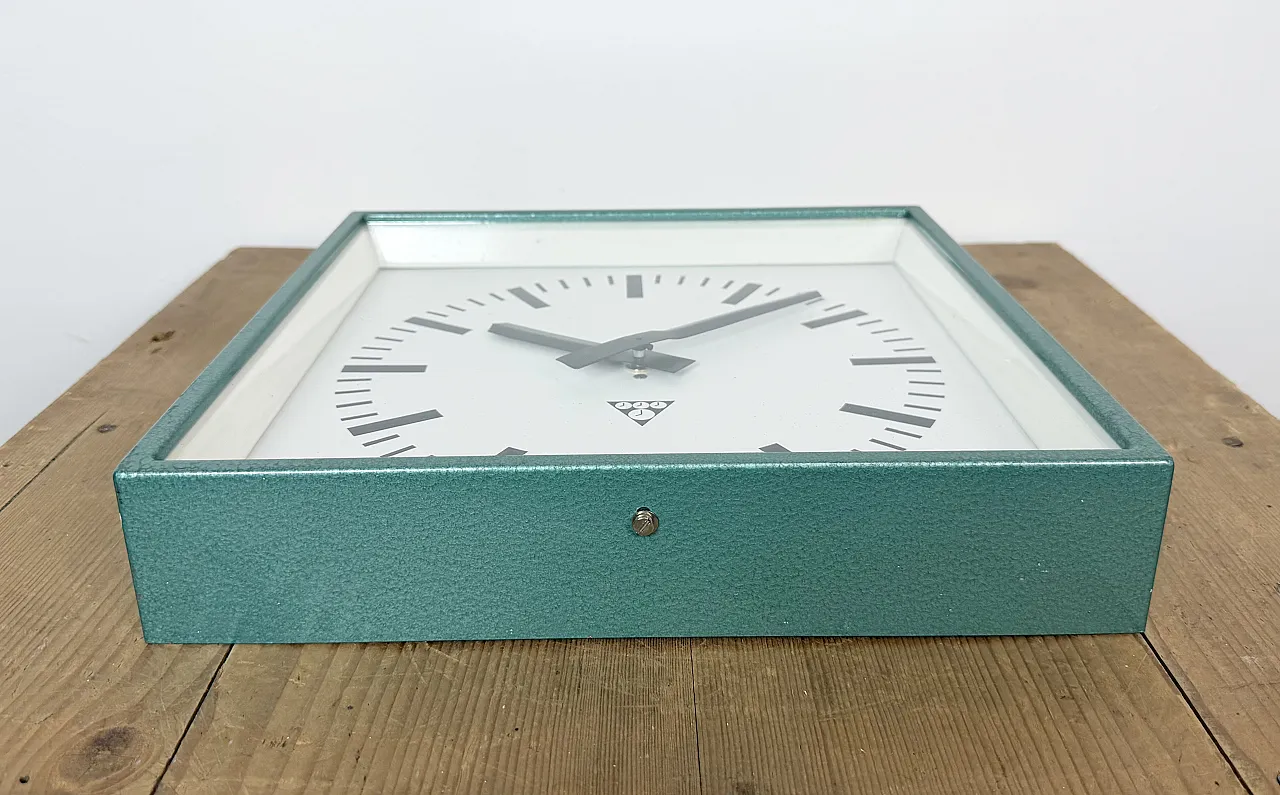 Green Industrial Square Wall Clock from Pragotron, 1970s 8