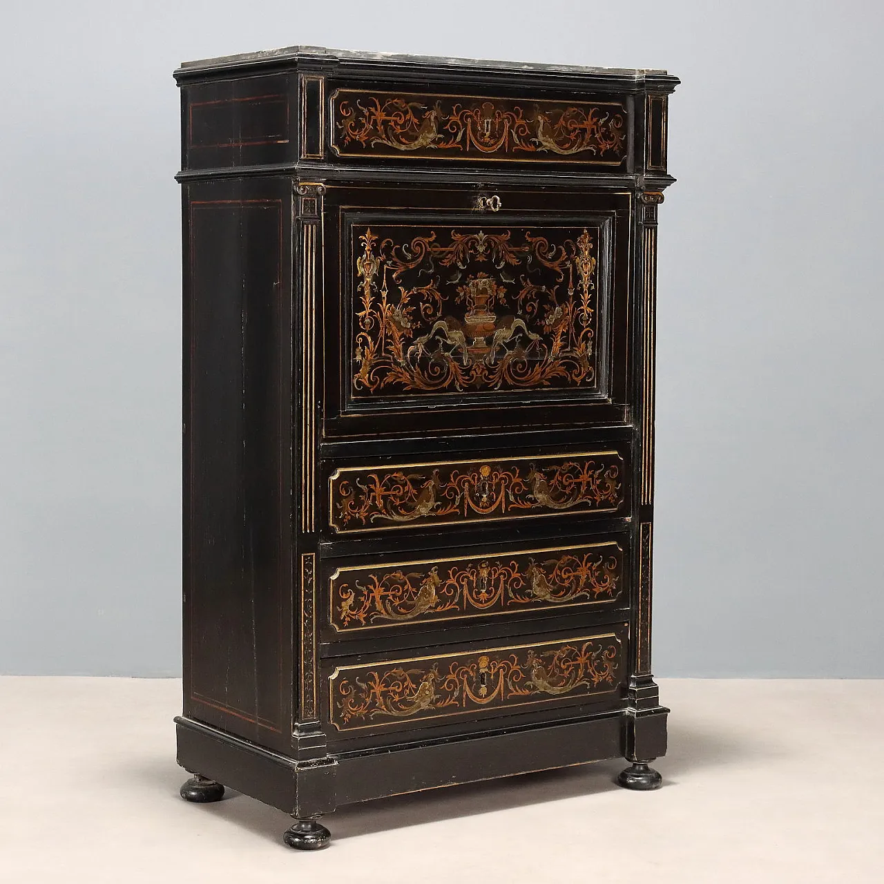 Secretaire in mogano ebanizzato e lamina di ottone, '800 1