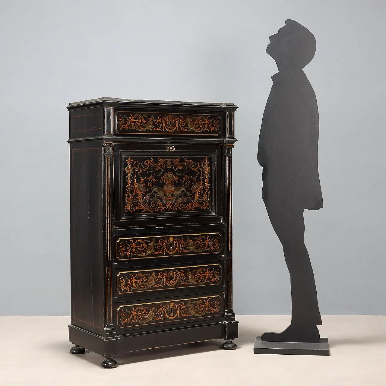 Secretaire in mogano ebanizzato e lamina di ottone, '800 3