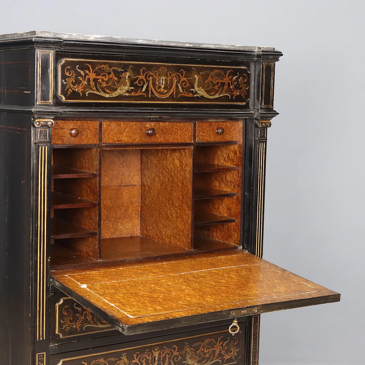 Secretaire in mogano ebanizzato e lamina di ottone, '800 4