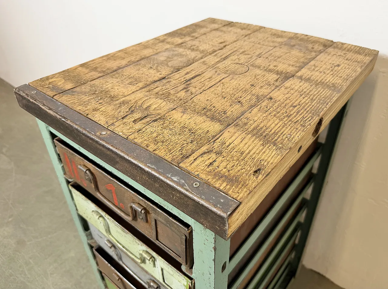 Vintage Green Industrial Iron Chest of Drawers, 1950s 9