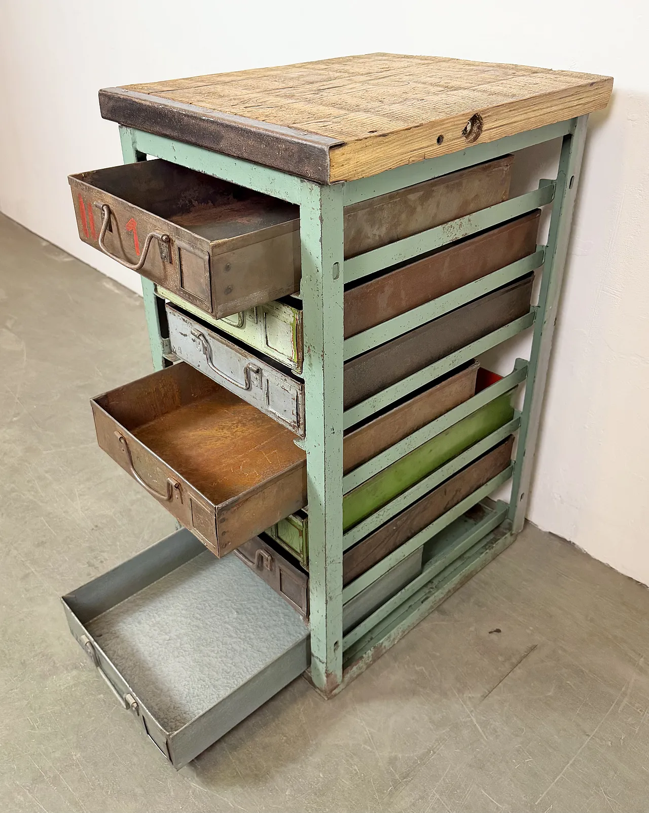 Vintage Green Industrial Iron Chest of Drawers, 1950s 10