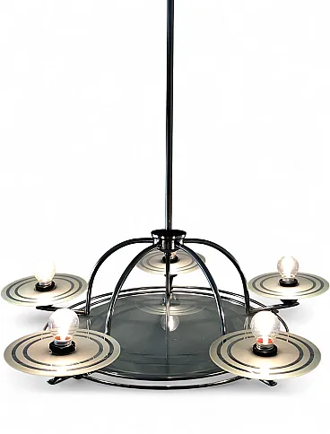 Art Deco Chrome and Glass Chandelier. France, 40s