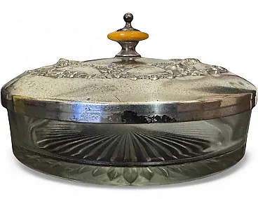 Candy dish in worked glass and silverplate, 50s