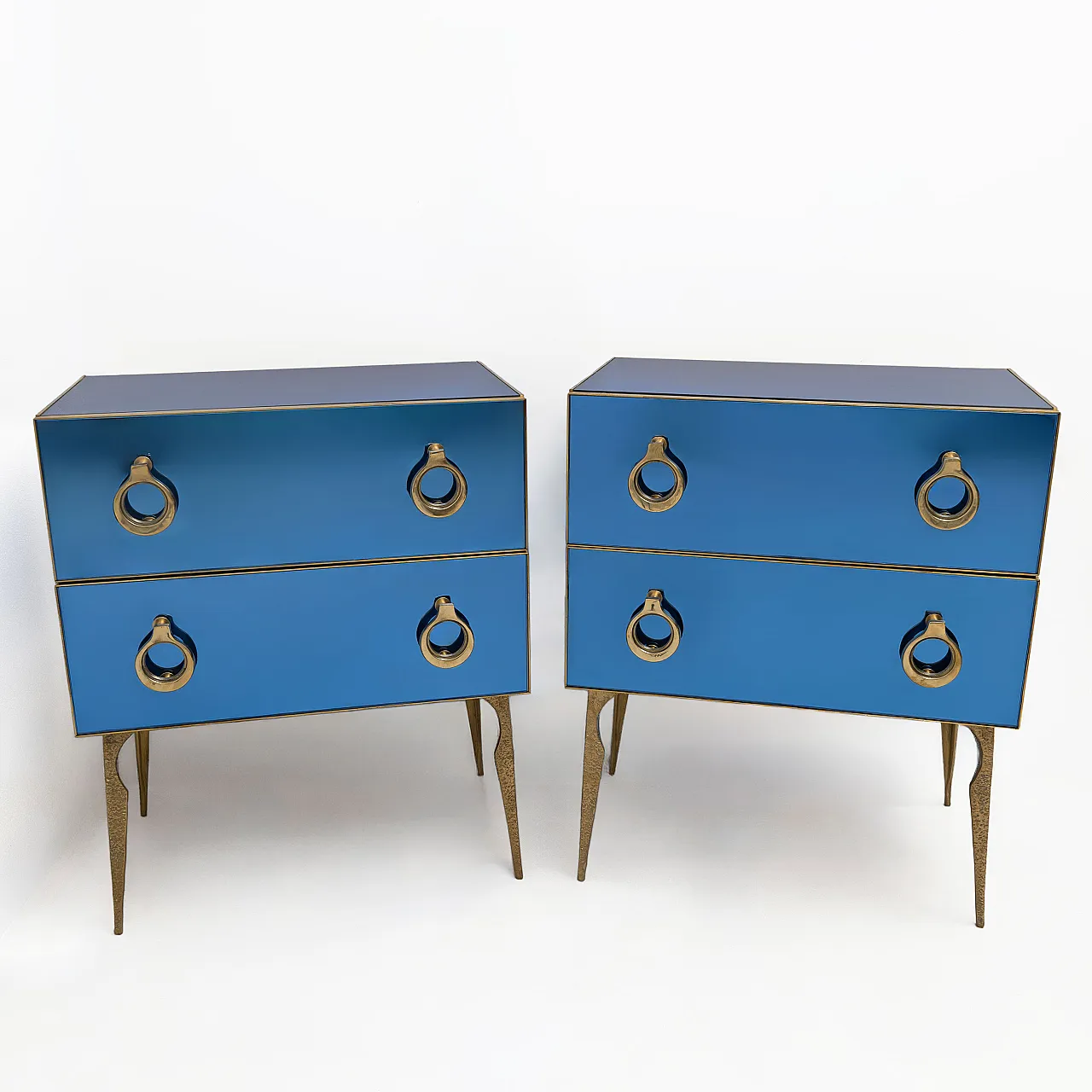 Pair of blue mirrored chests of drawers with brass details, 2000s 1