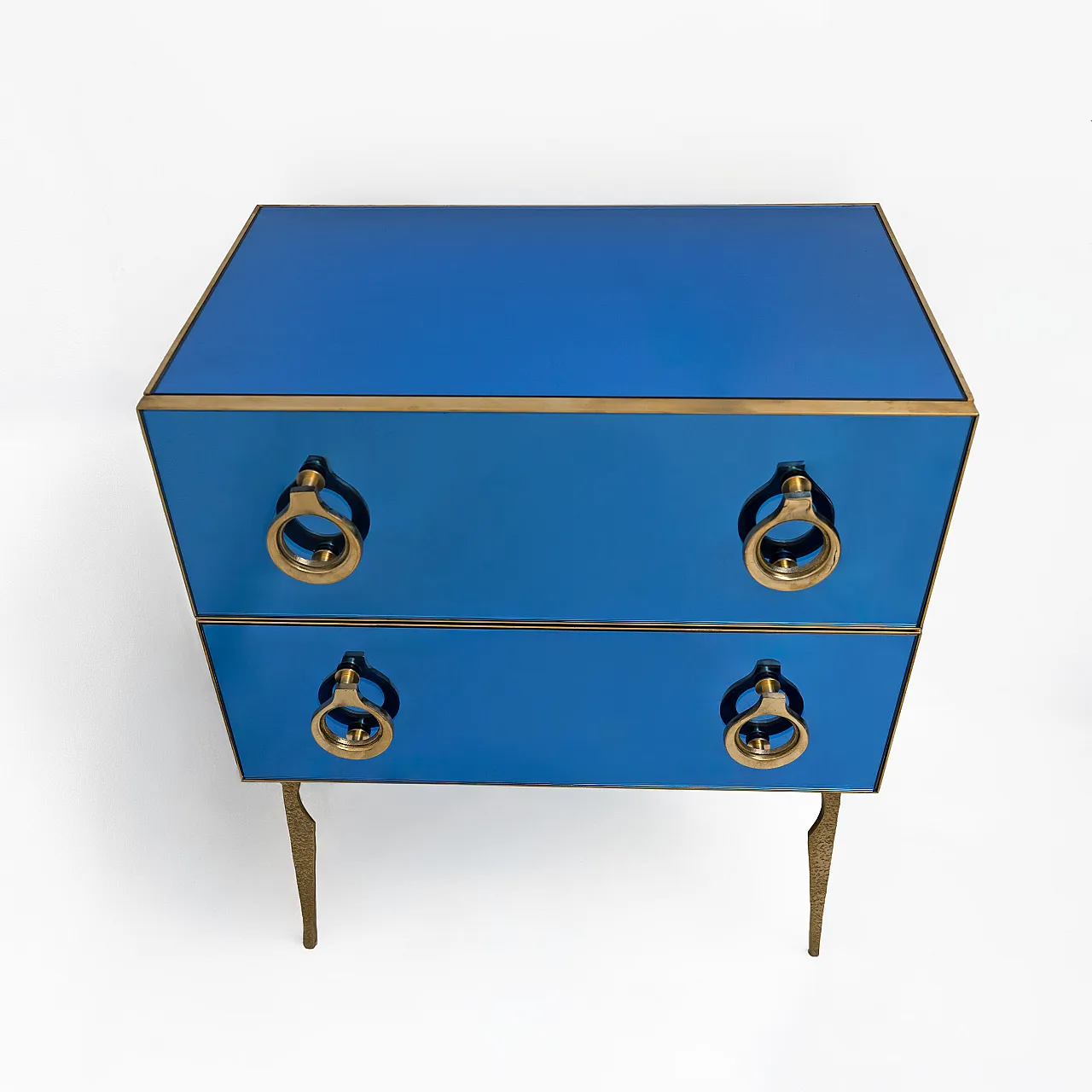 Pair of blue mirrored chests of drawers with brass details, 2000s 2