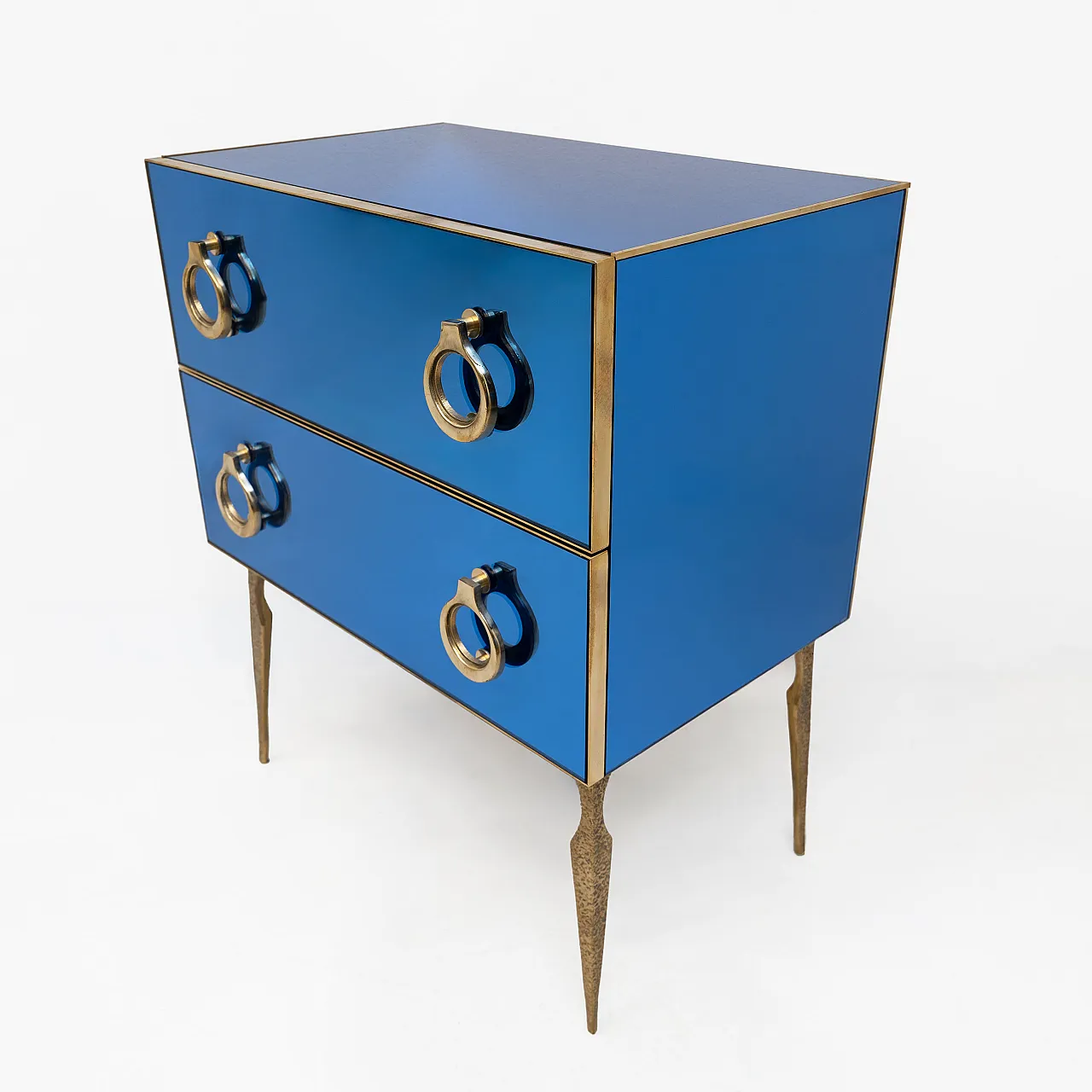 Pair of blue mirrored chests of drawers with brass details, 2000s 5