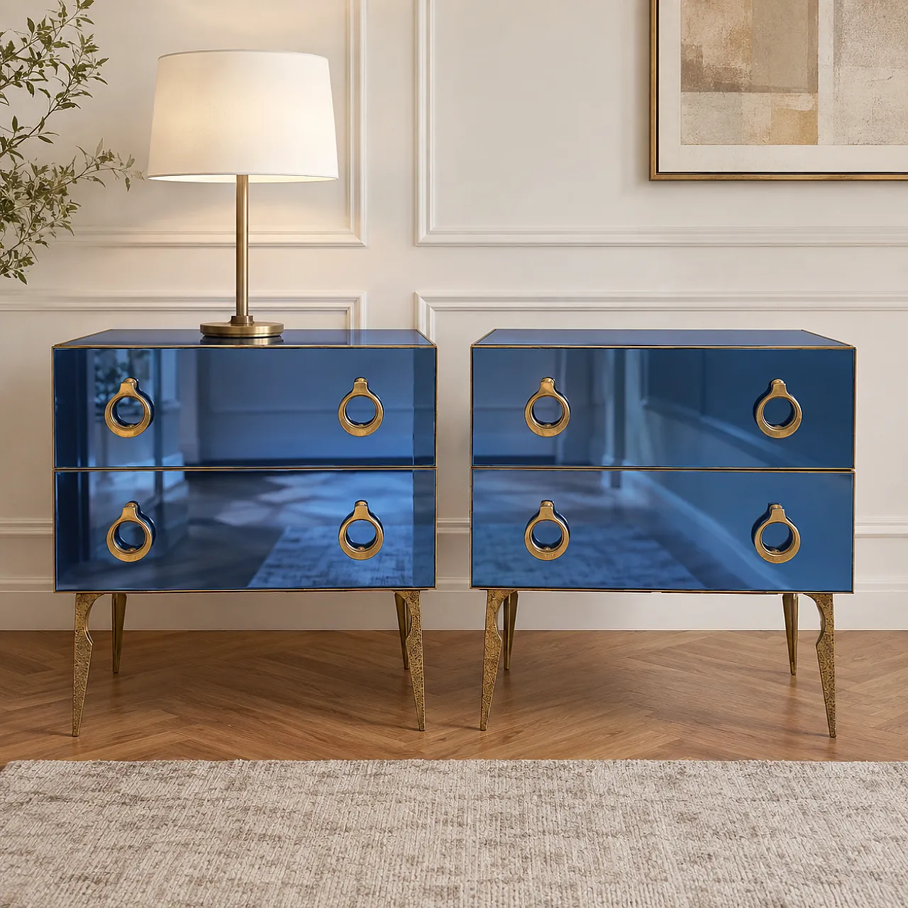 Pair of blue mirrored chests of drawers with brass details, 2000s 8