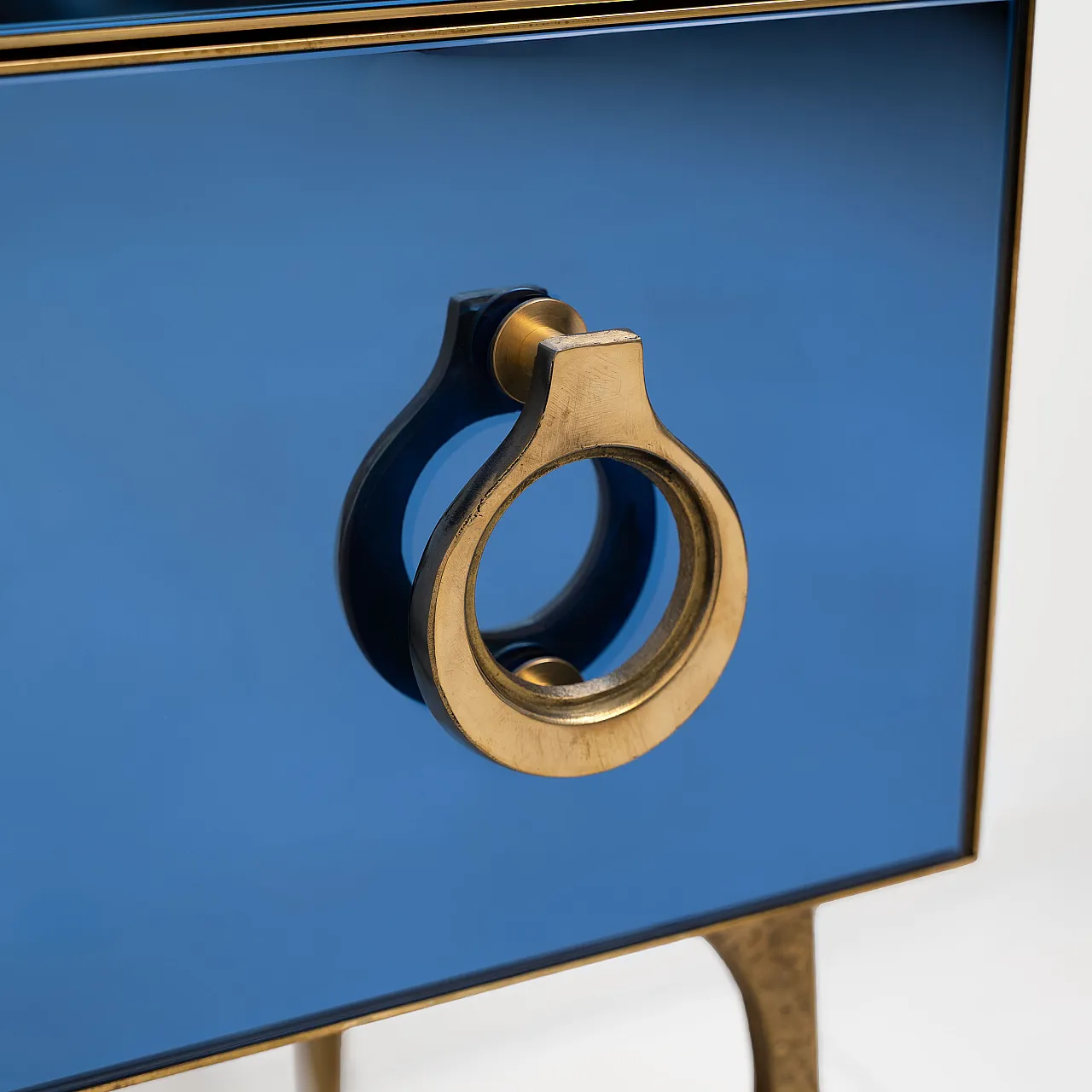 Blue mirrored chest of drawers with brass details, 2000s 4