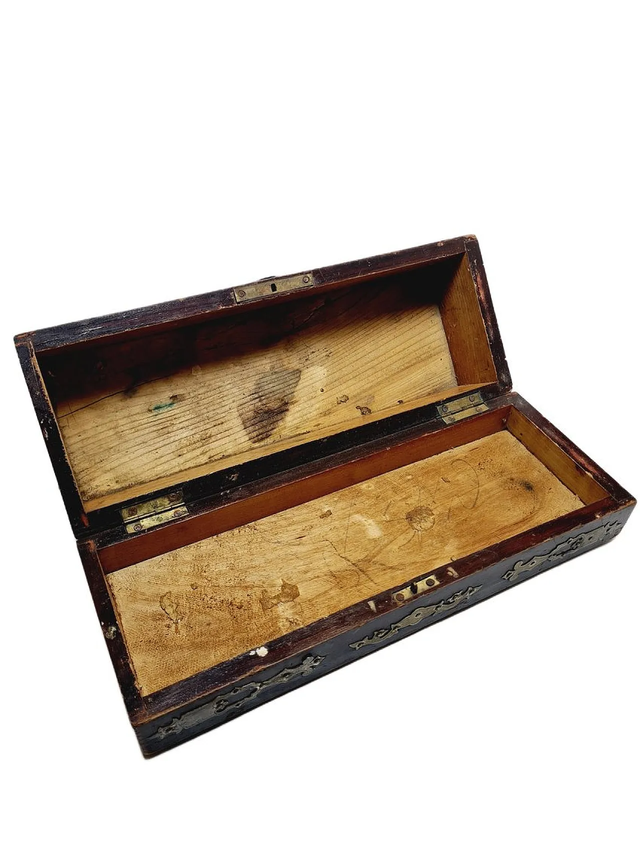 Cassetta degli attrezzi orientale in legno con applicazioni in alpaca, anni '30 6