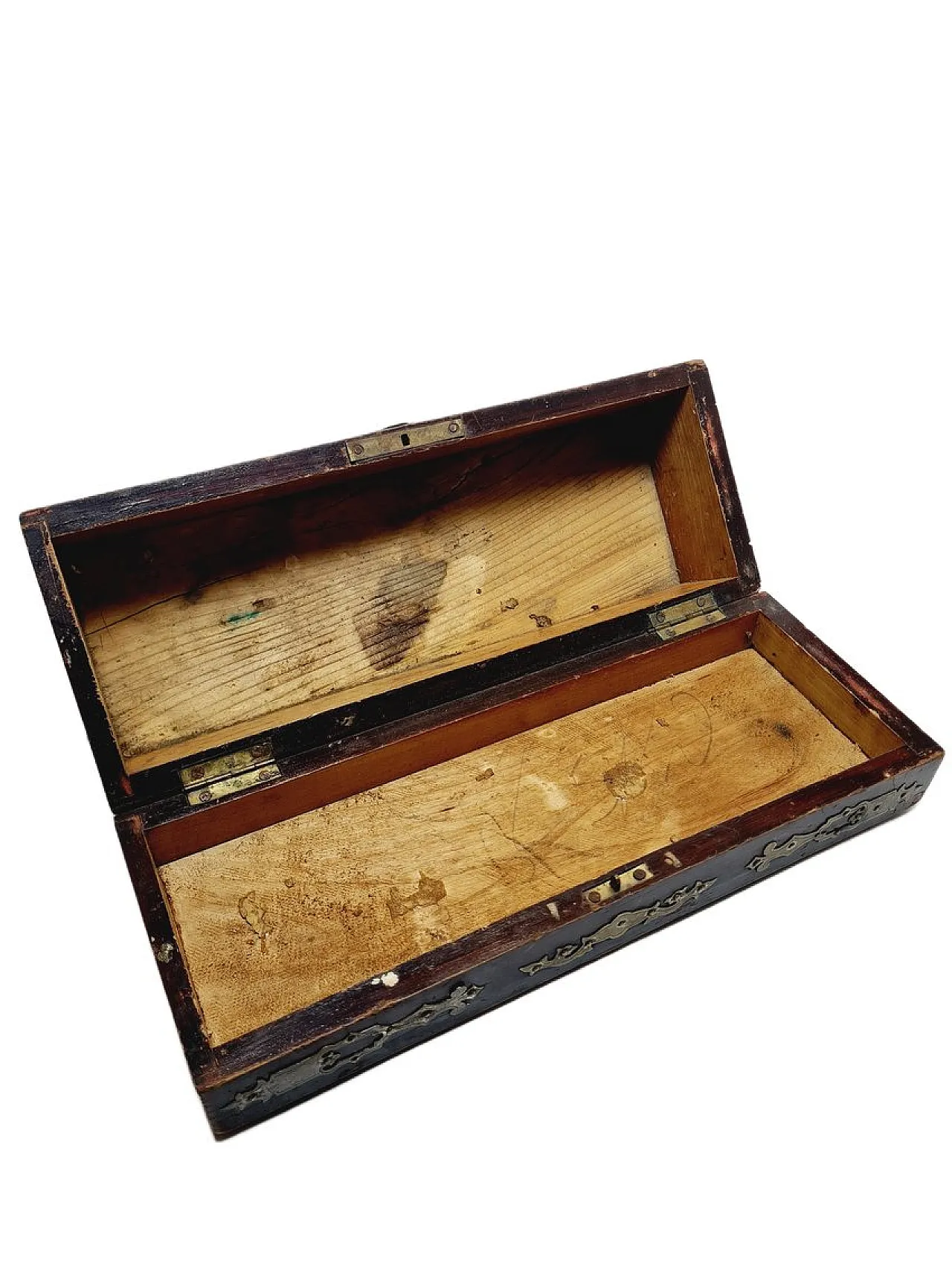 Cassetta degli attrezzi orientale in legno con applicazioni in alpaca, anni '30 7