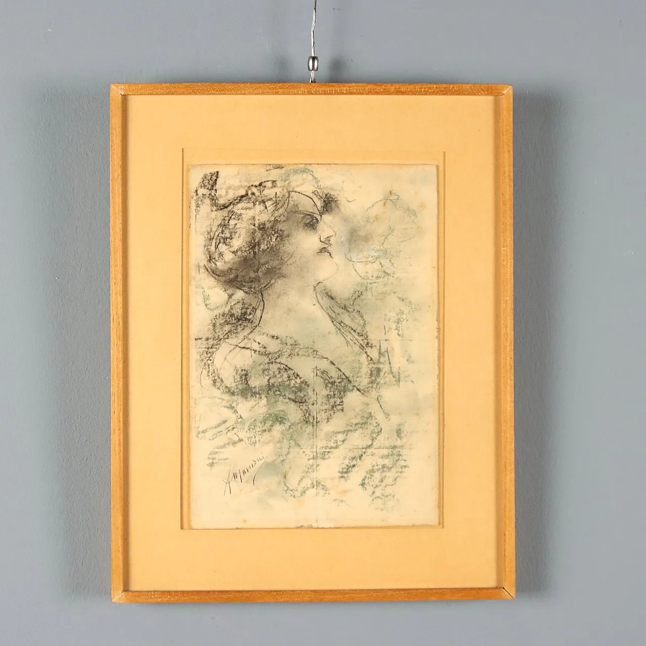 Drawing by Antonio Mancini, mixed media on cardboard, 20th century 1
