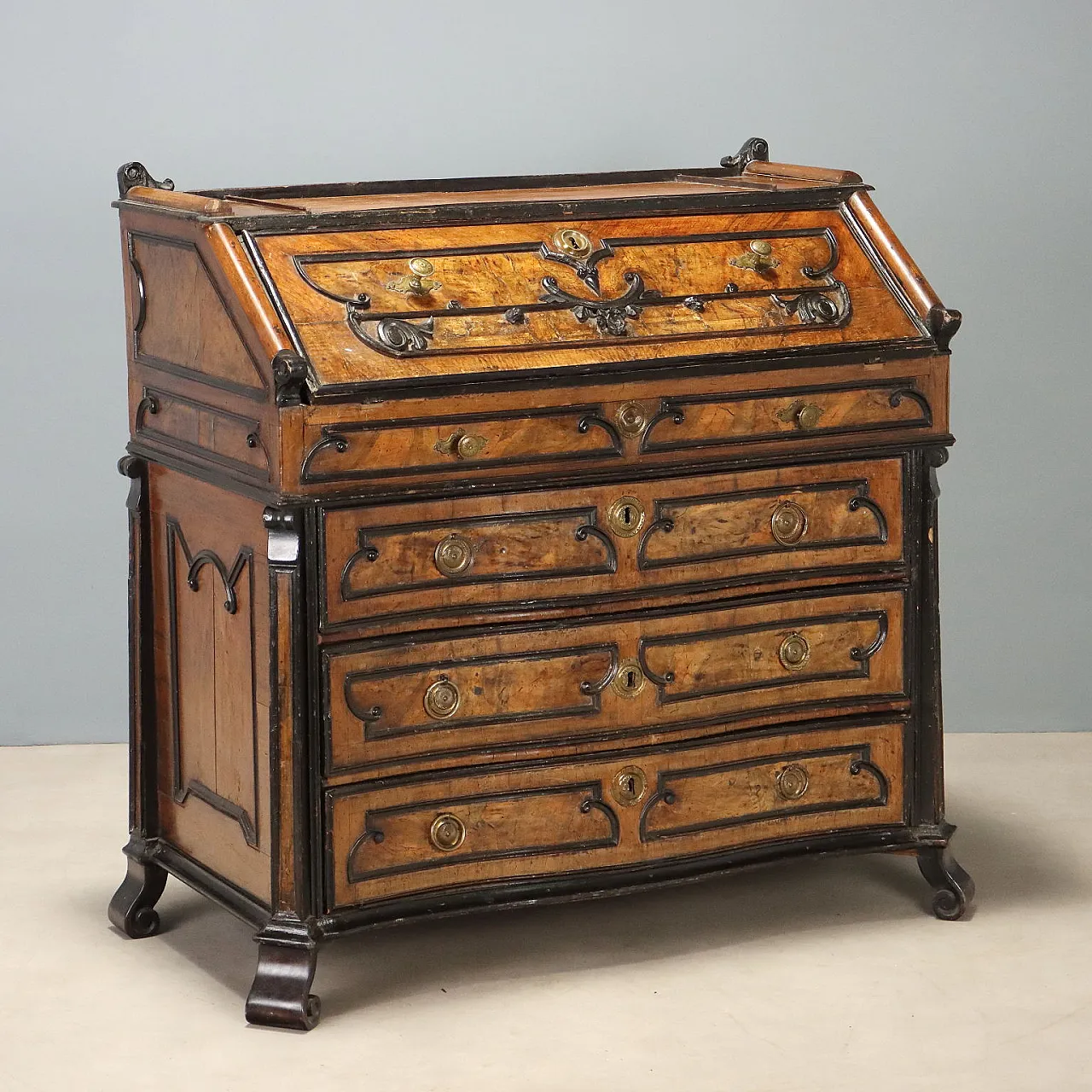 Flap in walnut and walnut burl with ebonized details, 18th century 1
