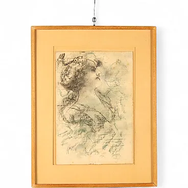 Drawing by Antonio Mancini, mixed media on cardboard, 20th century