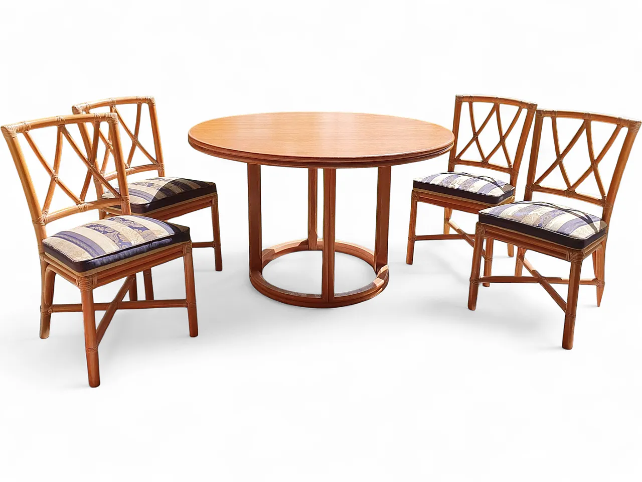 Round extendable table and 4 chairs by Lyda Levi  for McGuire, 80s 6
