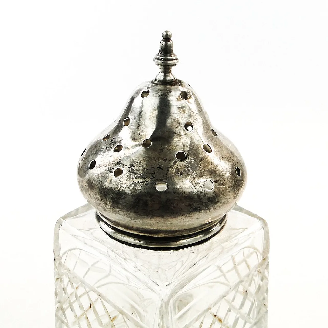 Zuccheriera Art Déco in cristallo e argento, proveniente da Powder, Regno Unito, anni '30. 10