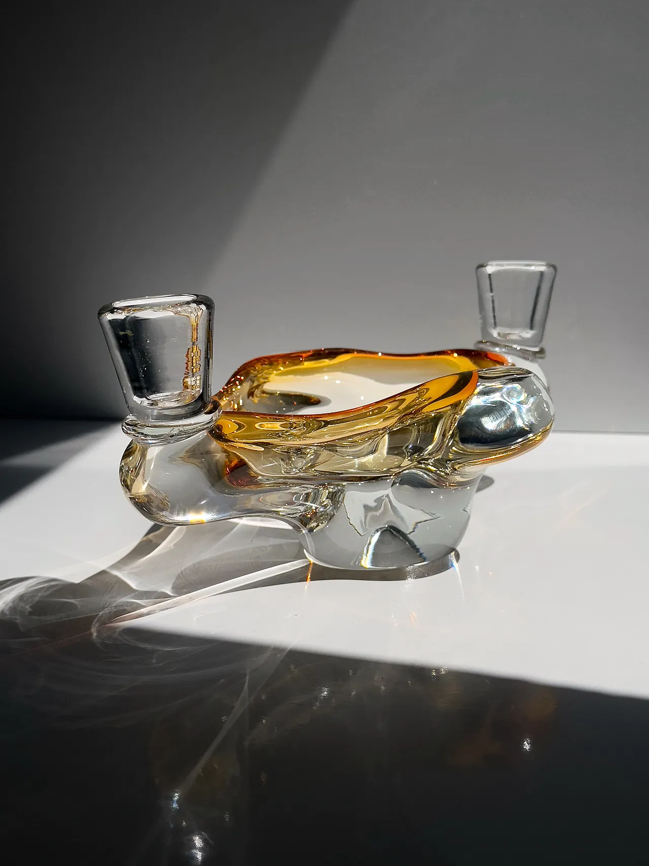 Murano glass ashtray with 2 candle holders, amber and clear, 1960s 2