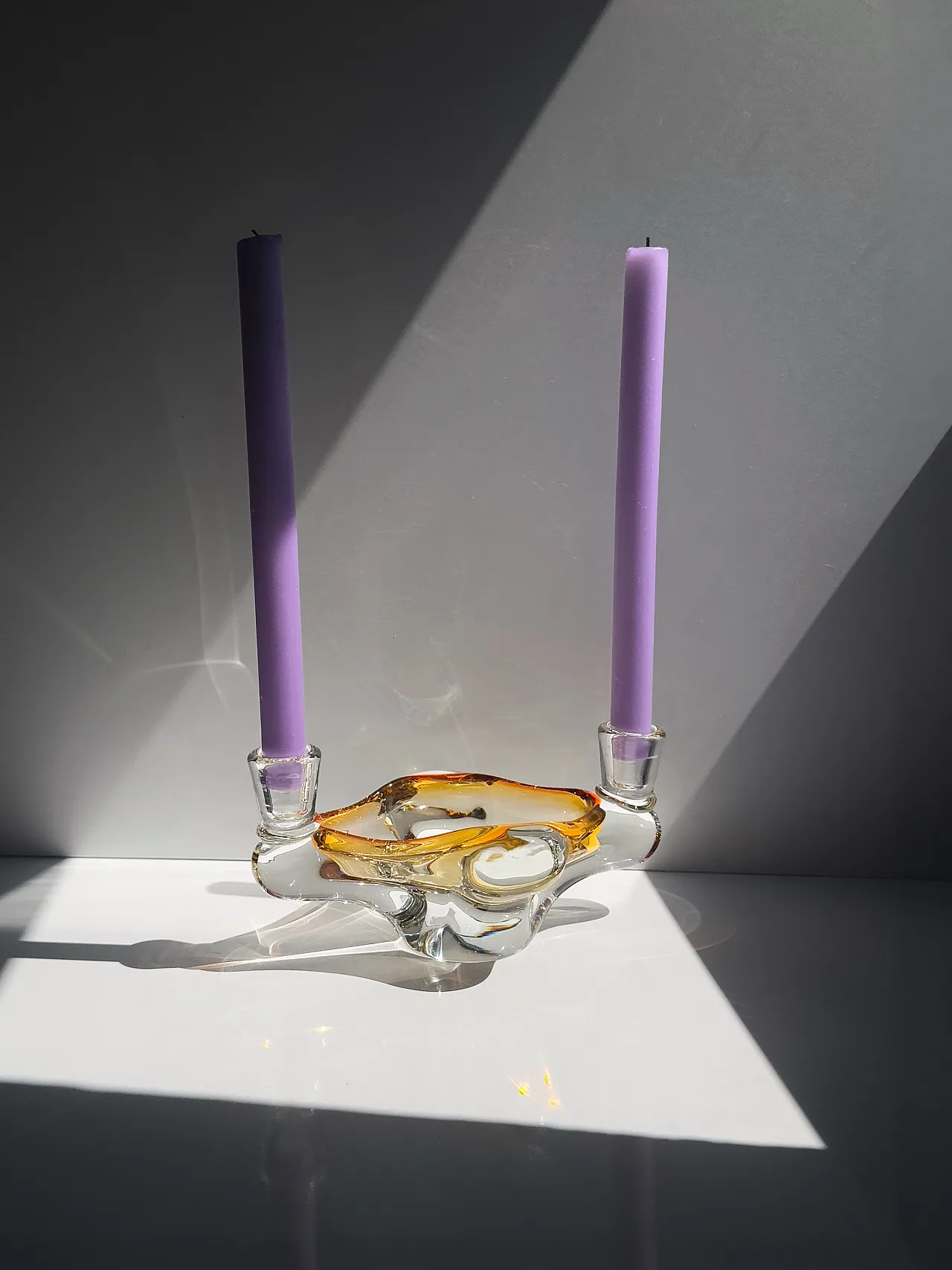 Murano glass ashtray with 2 candle holders, amber and clear, 1960s 4