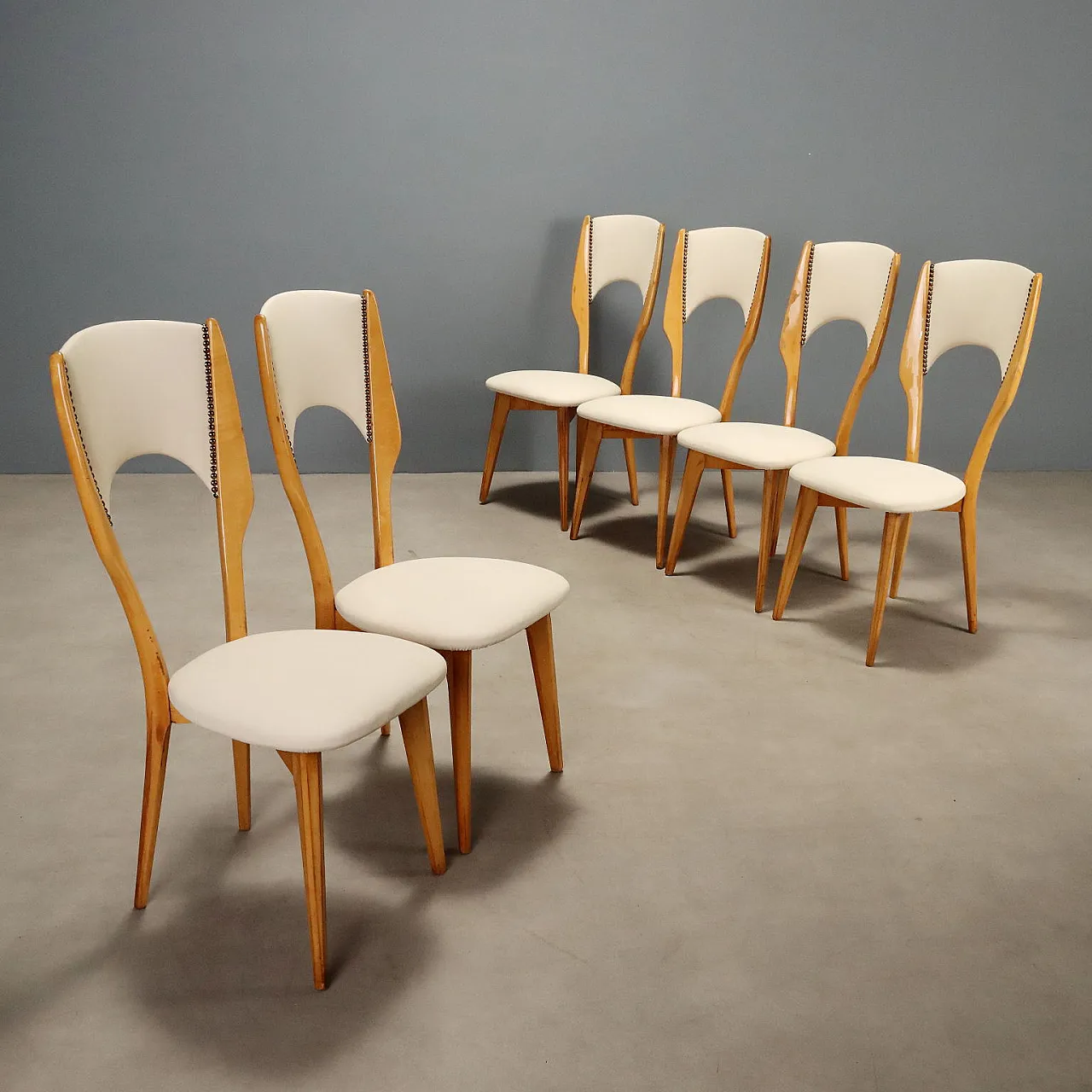 6 Beech and faux leather chairs, 1960s 1