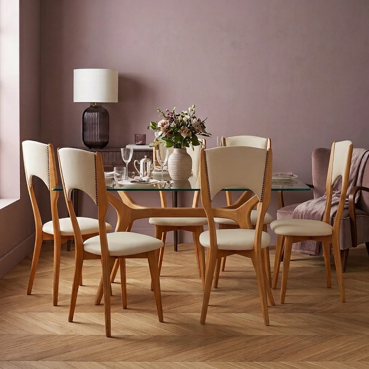 6 Beech and faux leather chairs, 1960s 2