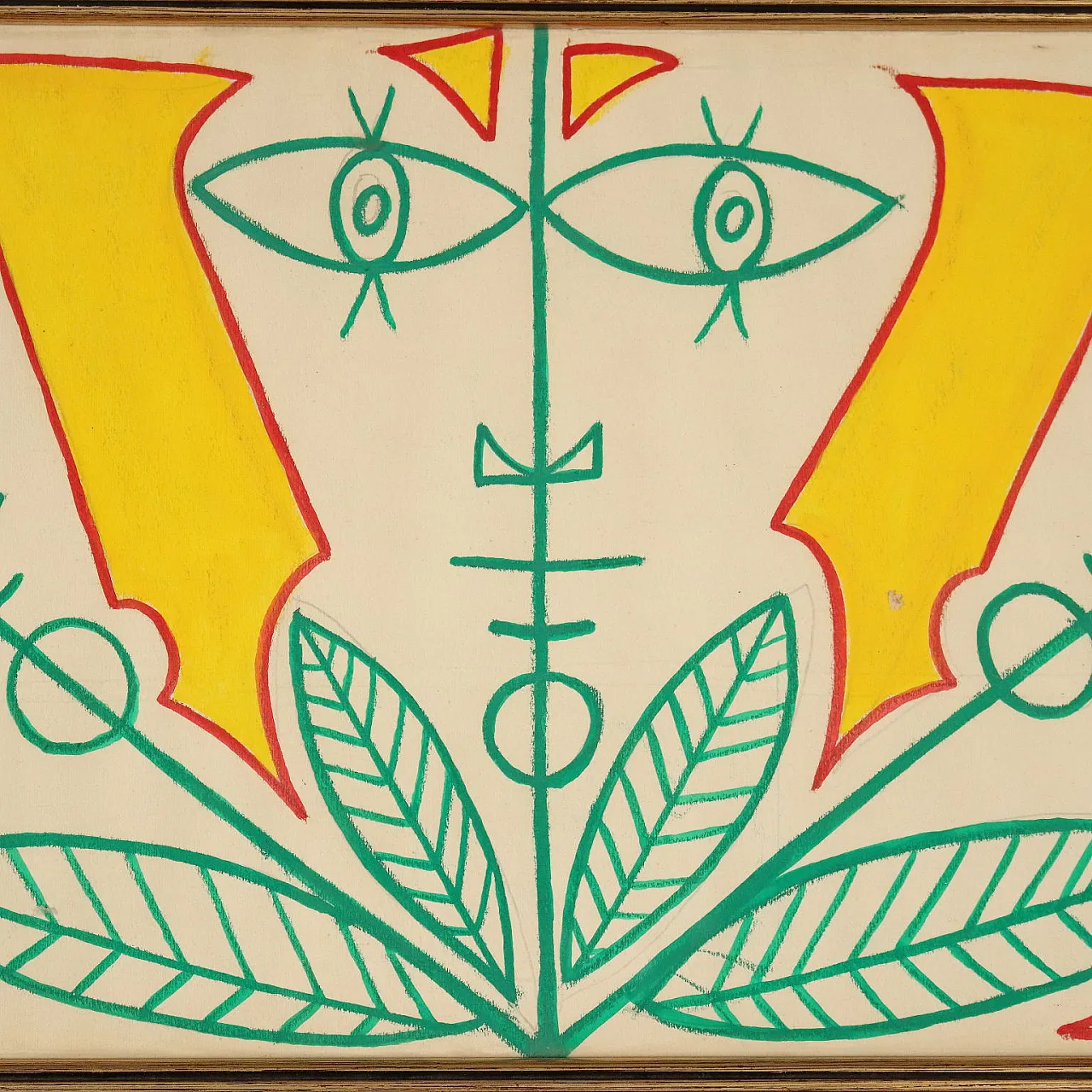 Jean Cocteau, 3 faces 8 leaves, guache su carta entro cornice, '900 3