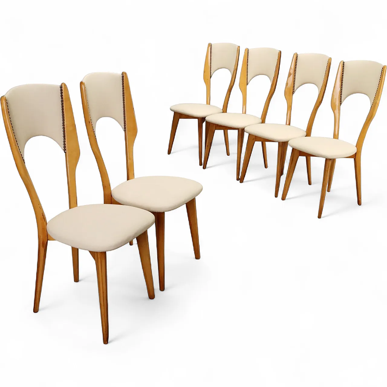 6 Beech and faux leather chairs, 1960s 8