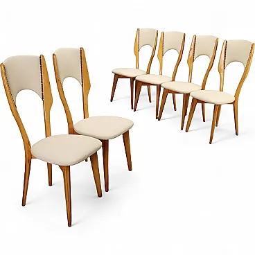 6 Beech and faux leather chairs, 1960s