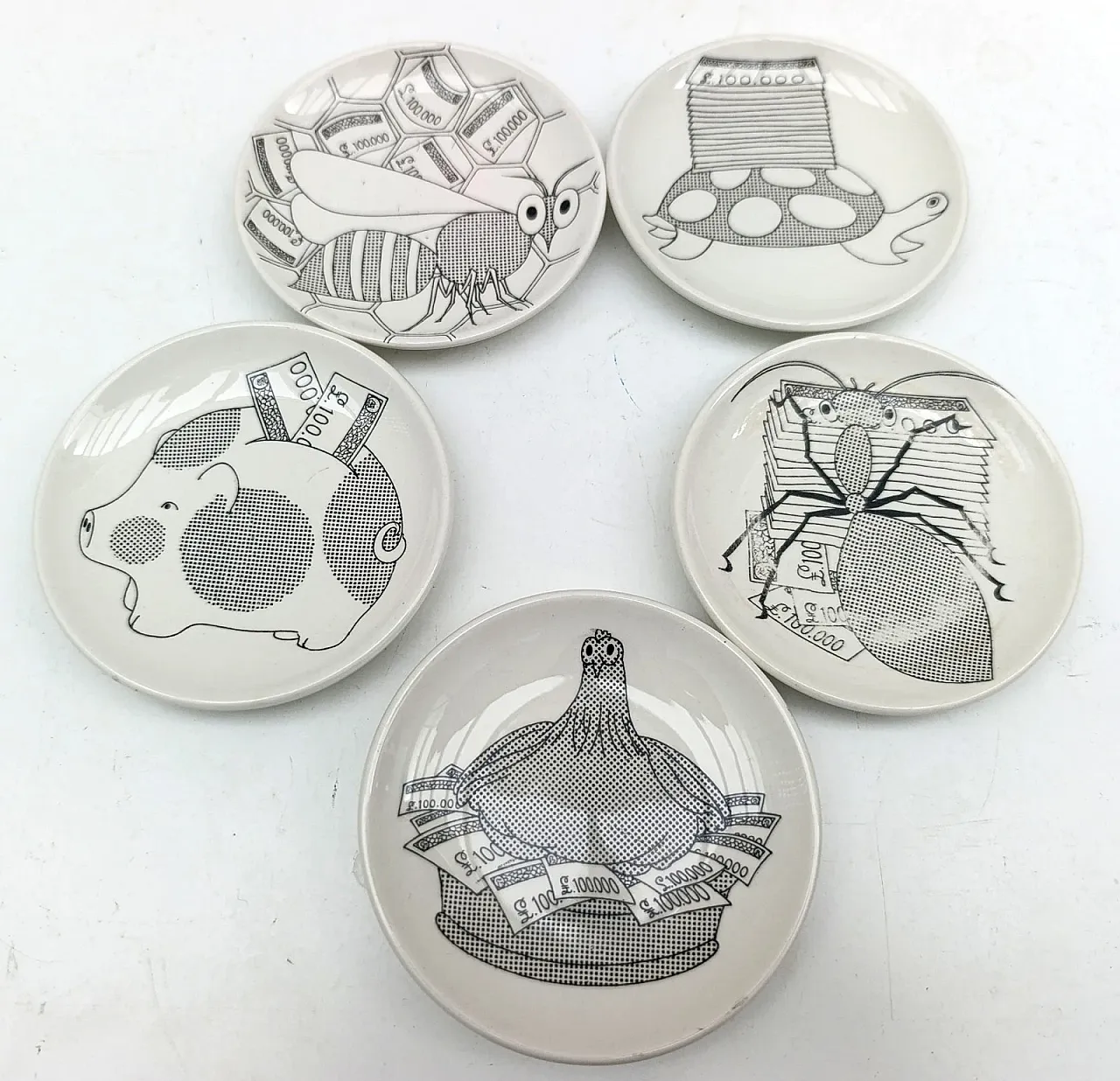 5 piattini in ceramica, Serie Animali, PIERO FORNASETTI, anni '60 1