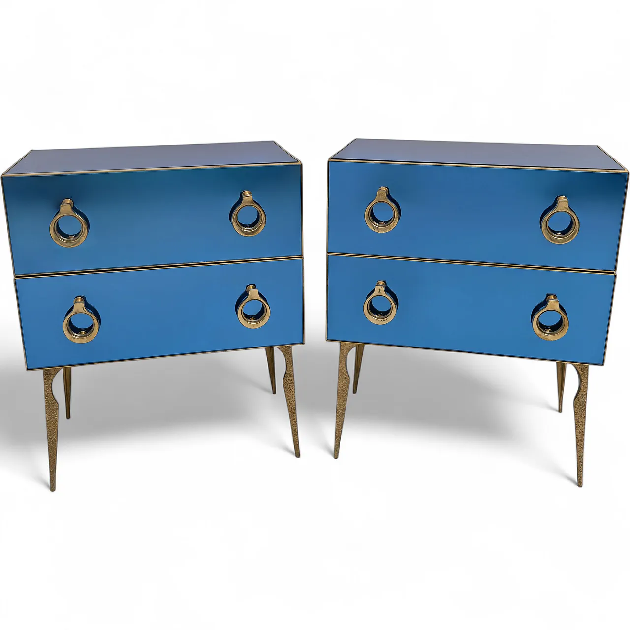 Pair of blue mirrored chests of drawers with brass details, 2000s 9