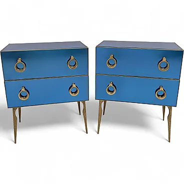 Pair of blue mirrored chests of drawers with brass details, 2000s