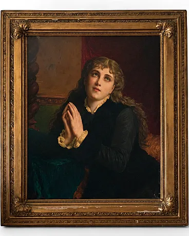 Devotional figure oil painting with contemporary golden frame from the 19th century