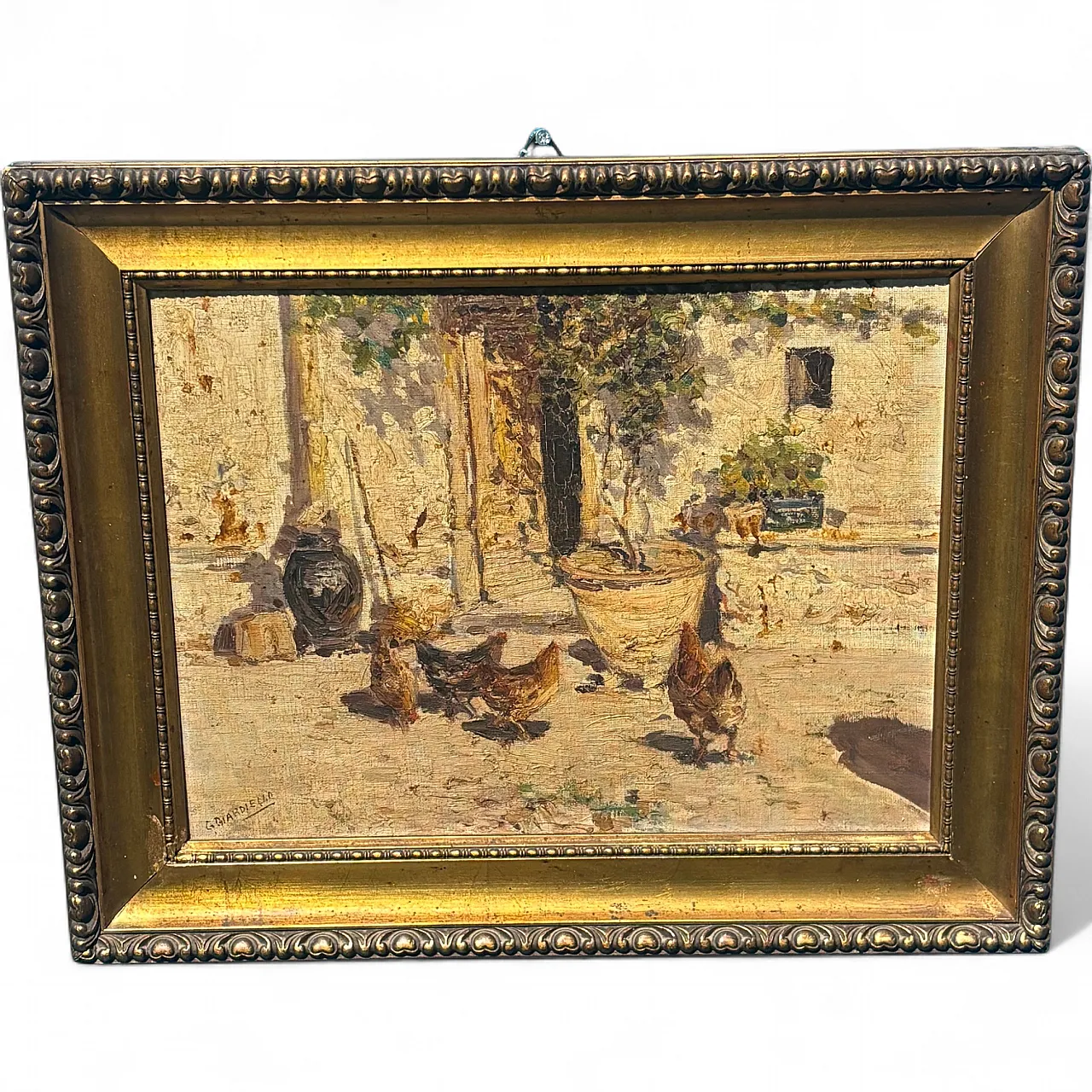 Antique oil painting on canvas popular court scene from the early 1900s, size 40 15