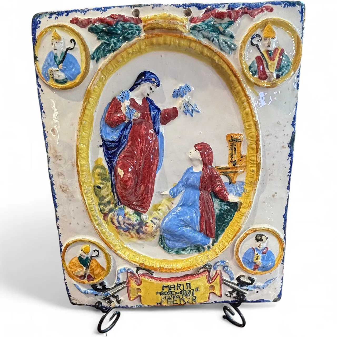Polychrome majolica devotional plaque Blessed Virgin, 19th century 15