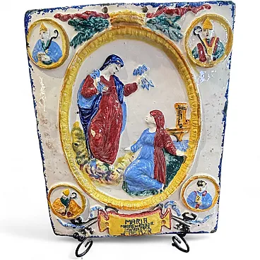 Polychrome majolica devotional plaque Blessed Virgin, 19th century