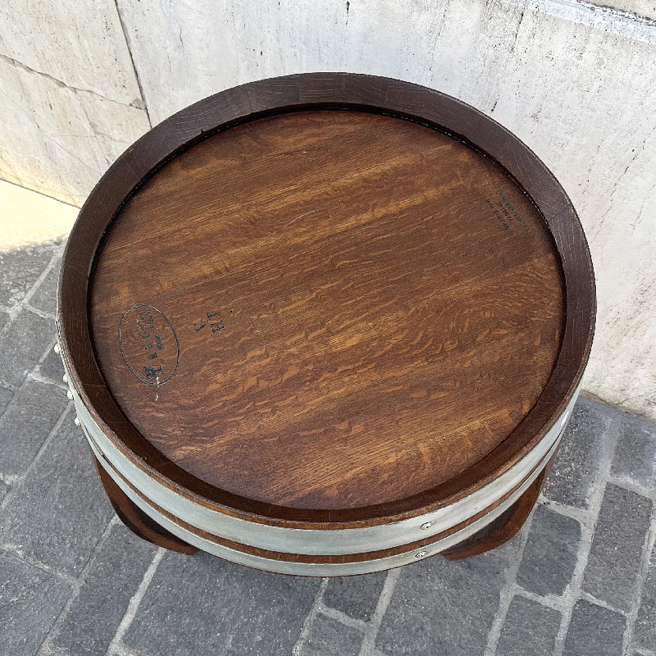 Three-legged wooden barrel table, 1980s 2