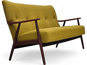 1960s, Danish 2-seater sofa, furniture wool, teak wood, reupholstered.
