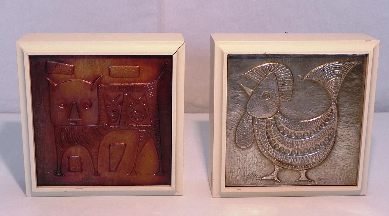 Pair of decorative brass tiles, 1970s 1