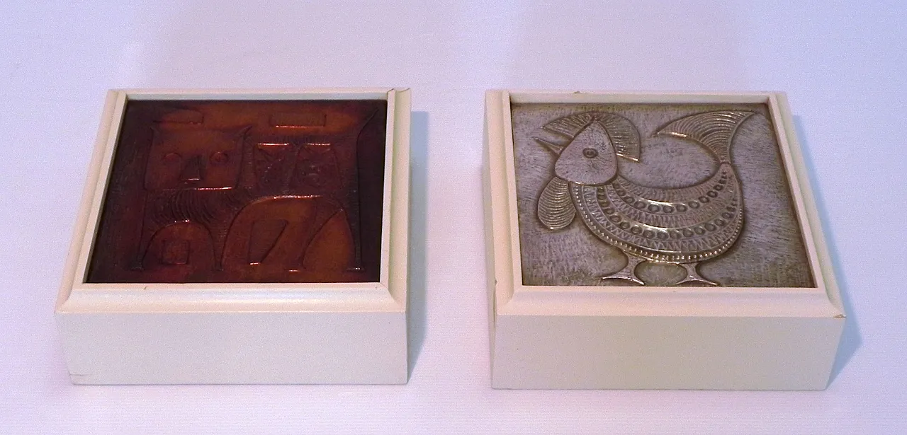 Pair of decorative brass tiles, 1970s 9