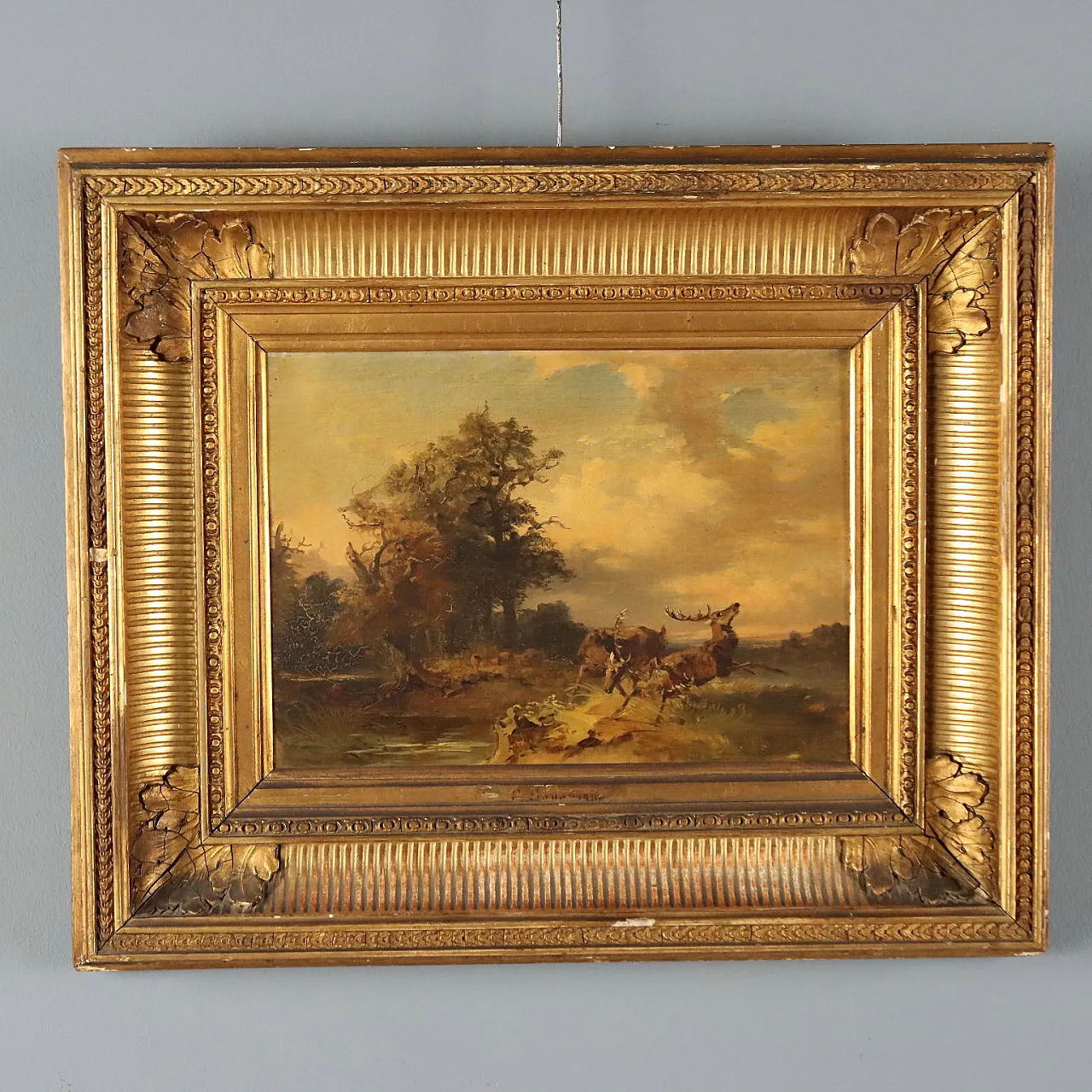 Landscape Painting with Fighting Deer, oil on canvas, 19th century 1