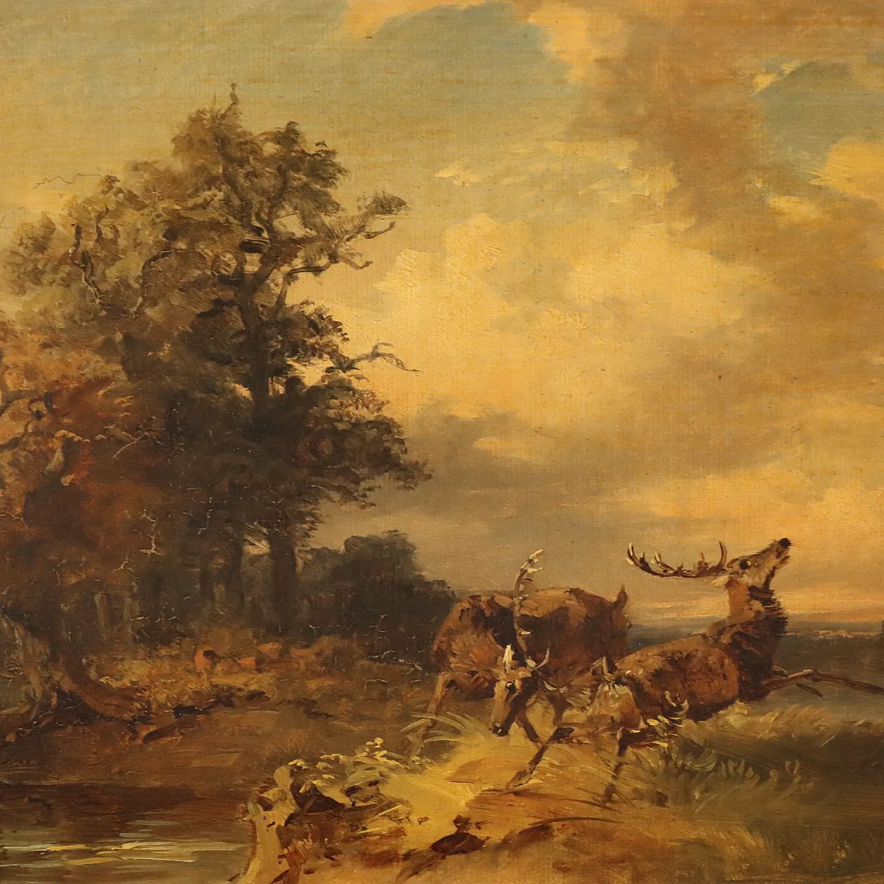 Landscape Painting with Fighting Deer, oil on canvas, 19th century 3