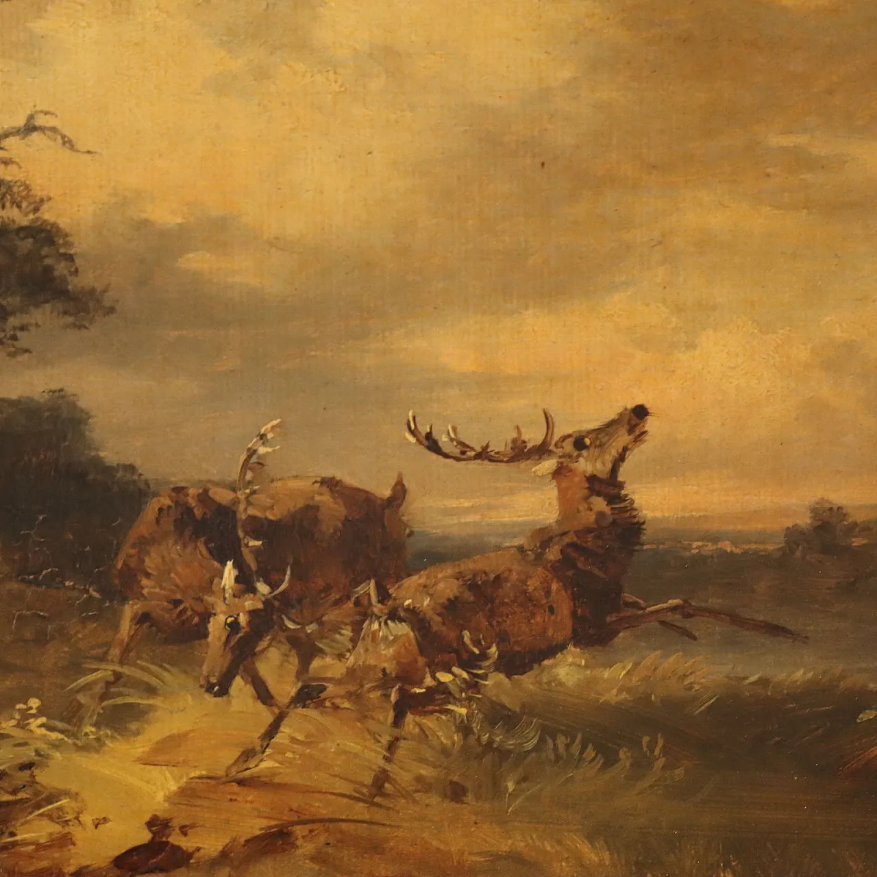 Landscape Painting with Fighting Deer, oil on canvas, 19th century 4
