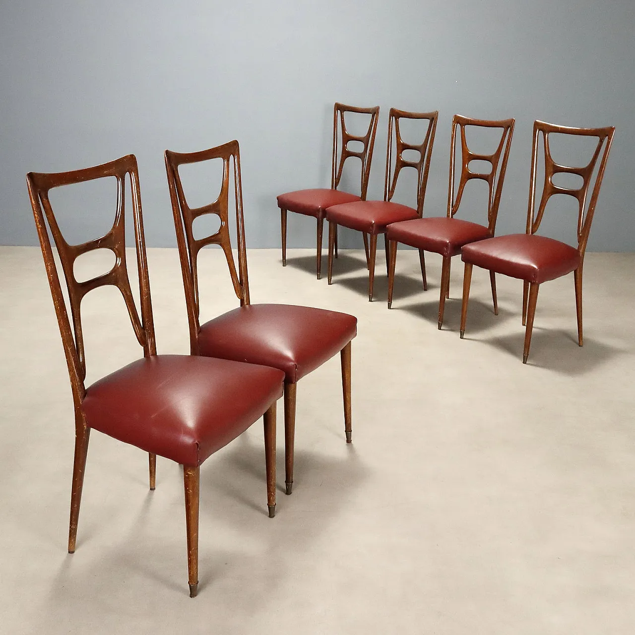 6 Chairs with bordeaux seat, 1950s 1