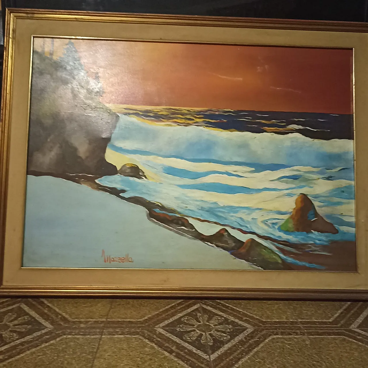 Large seascape painting by artist Mazzella, 1970s 11