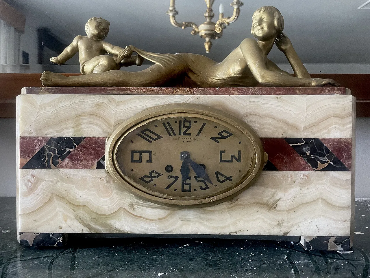 Monumental Art Deco Clock in Polychrome Marble and Cherubs, Lyon – 1930 1