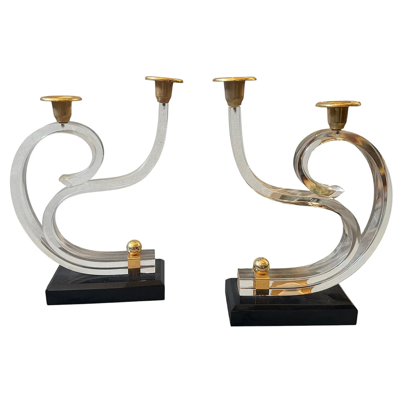 Pair of Mid-Century Modern lucite and brass candlesticks, 1970s 1