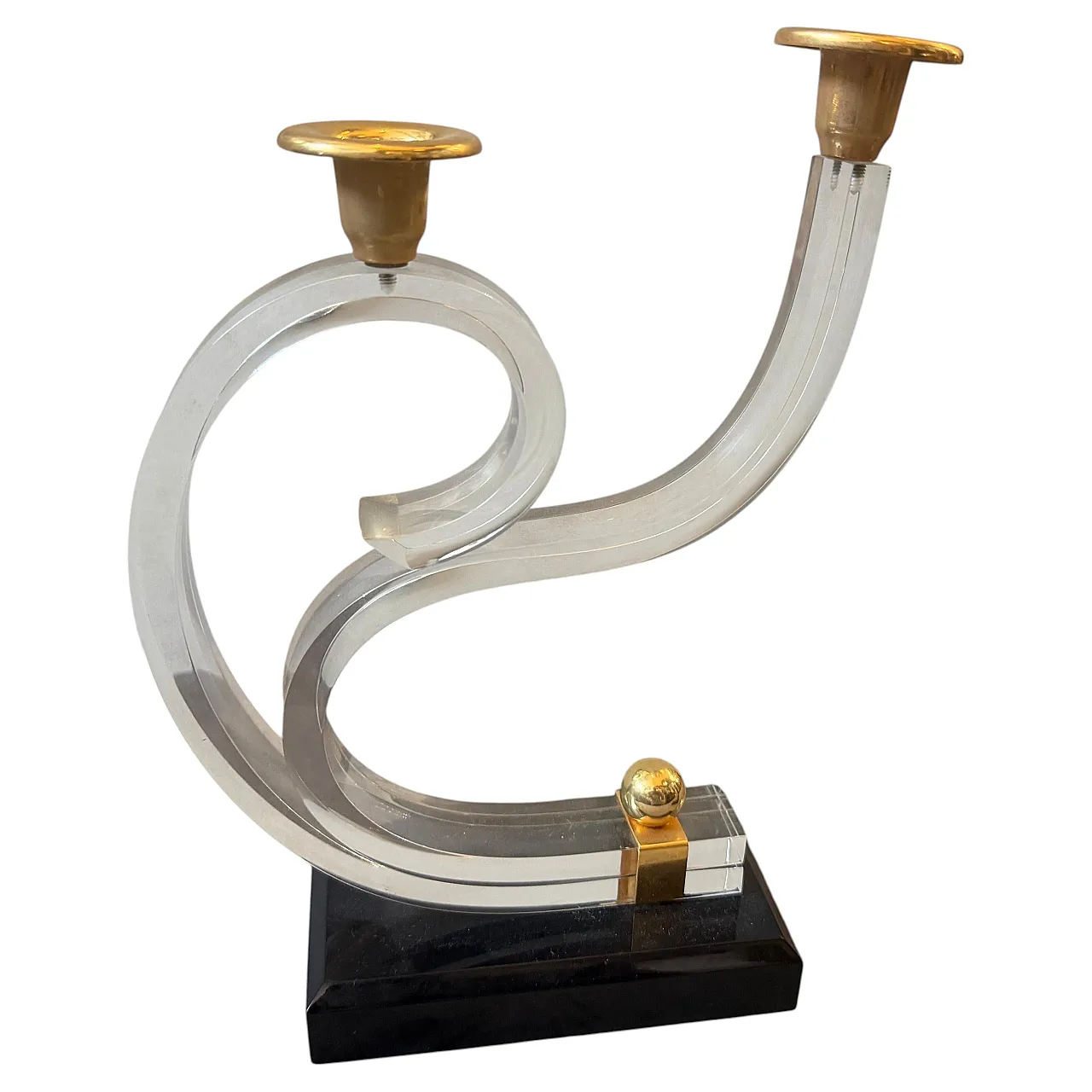 Pair of Mid-Century Modern lucite and brass candlesticks, 1970s 2