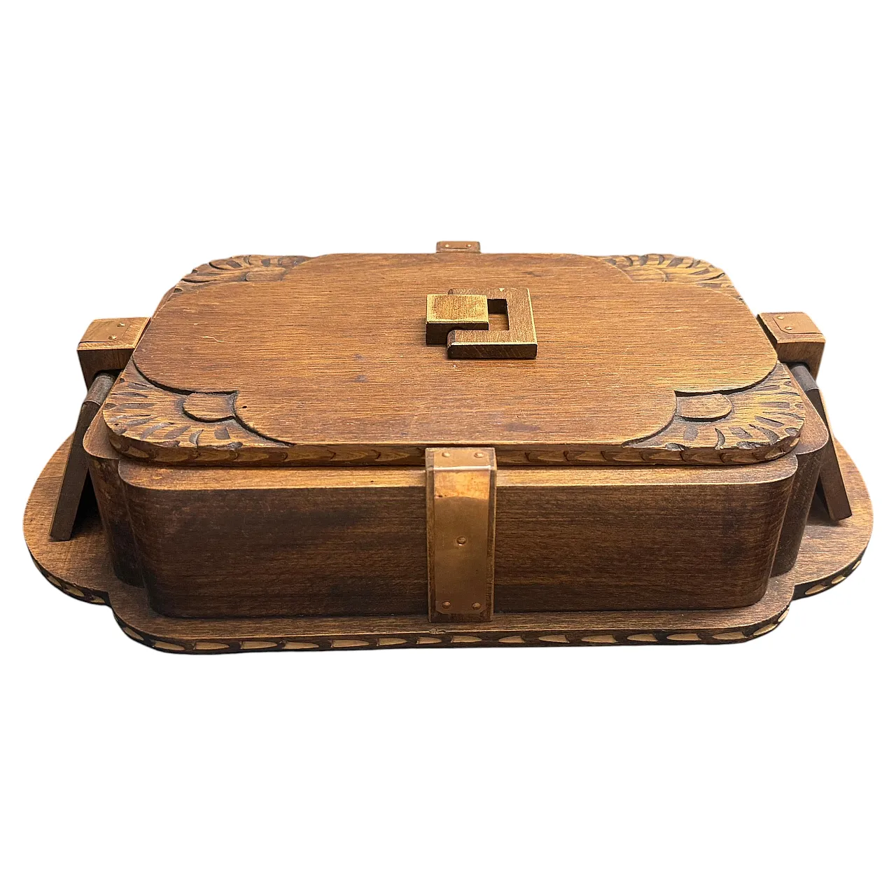 Art Deco hand-carved oak, maple wood and brass huge box, 1930s 1