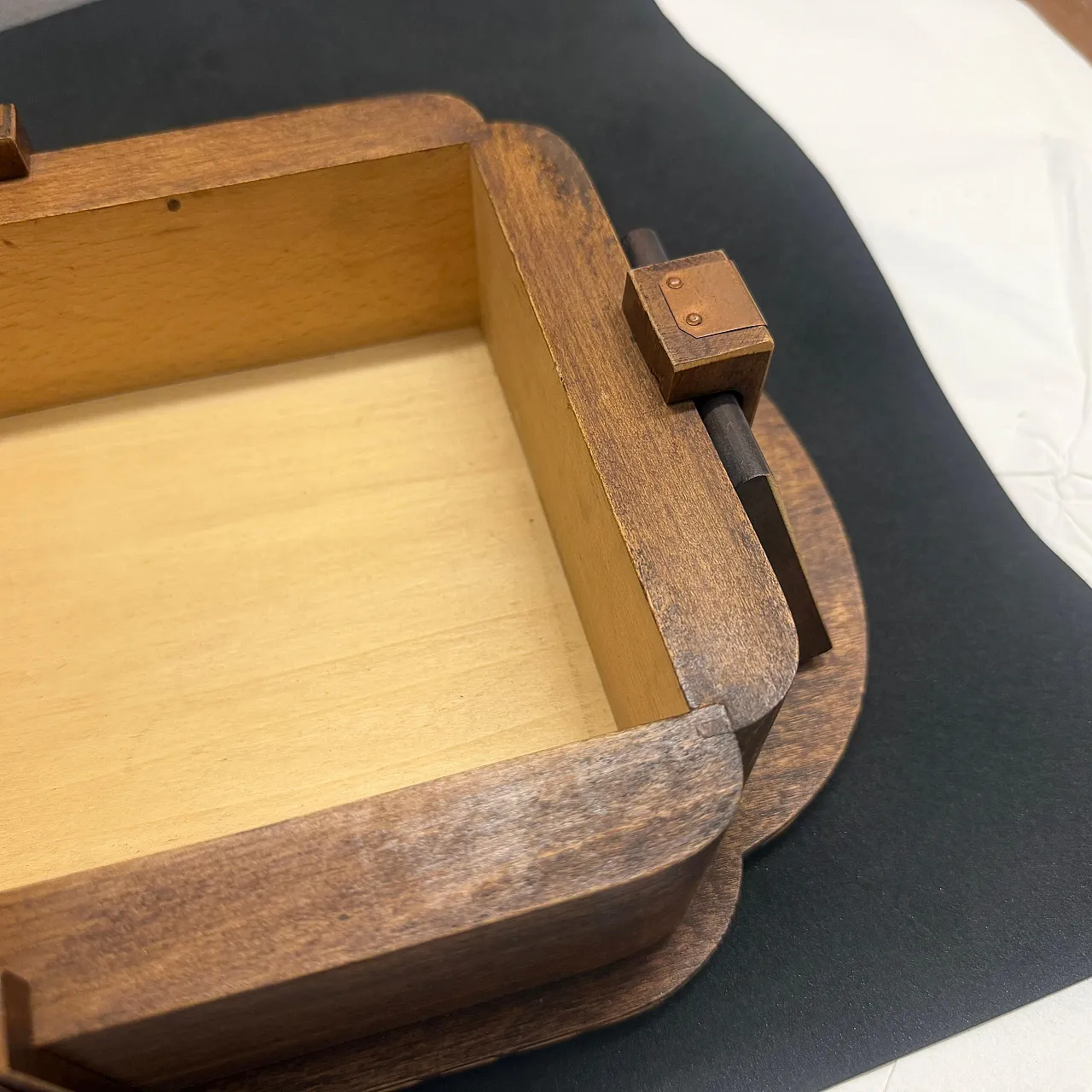 Art Deco hand-carved oak, maple wood and brass huge box, 1930s 4